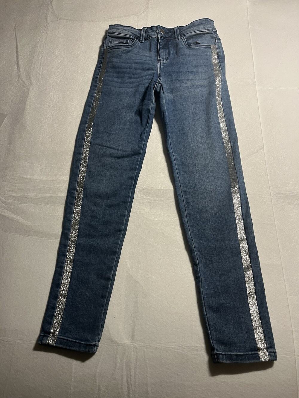 Falls Creek Girls Jeans Size L 10/12 Blue Skinny Silver Glitter Side Stripe